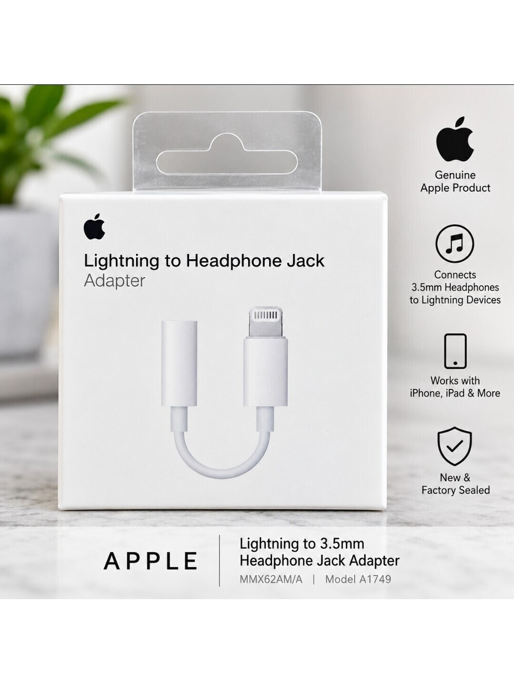 Genuine Apple Lightning to 3.5mm Headphone Jack Adapter MMX62AM/A NEW SEALED